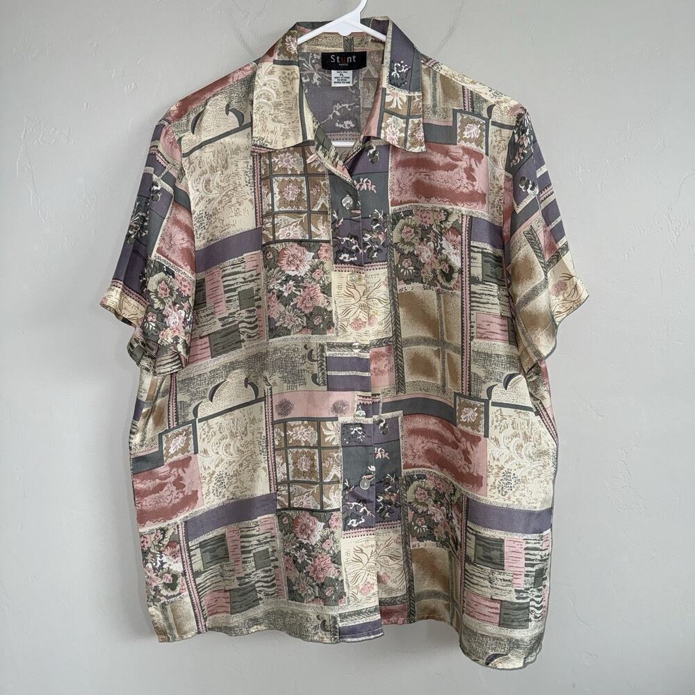 Vintage Stunt Petite 100% Silk Woman Blouse PL Pink Purple Floral Short Sleeve